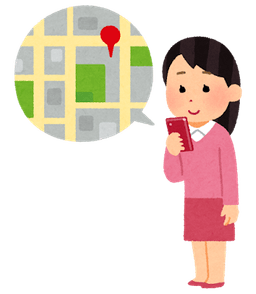 スマホの地図アプリを見ている人のイラスト(女性)